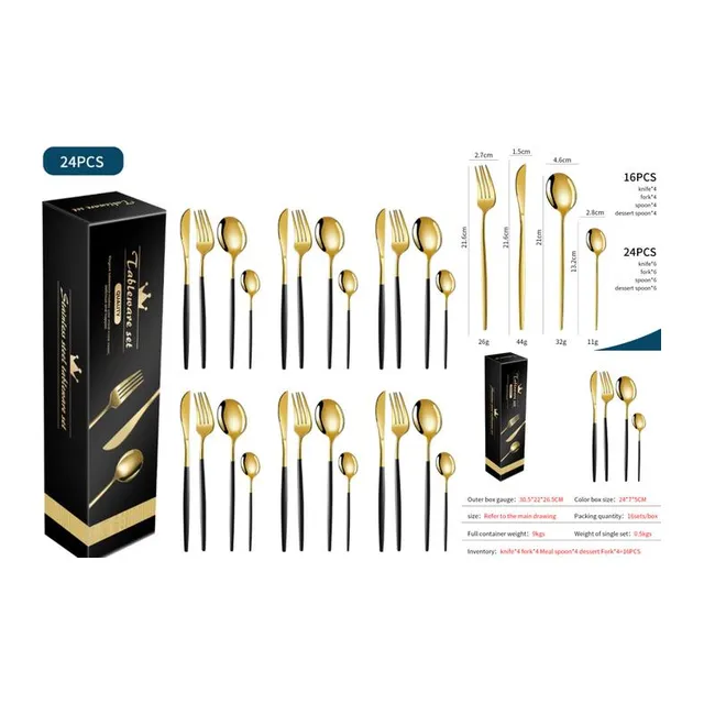 Set de Cubiertos Acero Negro y Dorado